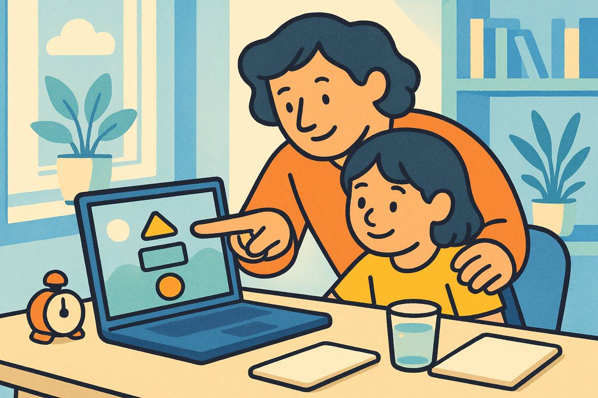 A parent and a child at a desk looking at a game menu on a laptop, with a small kitchen timer beside it.